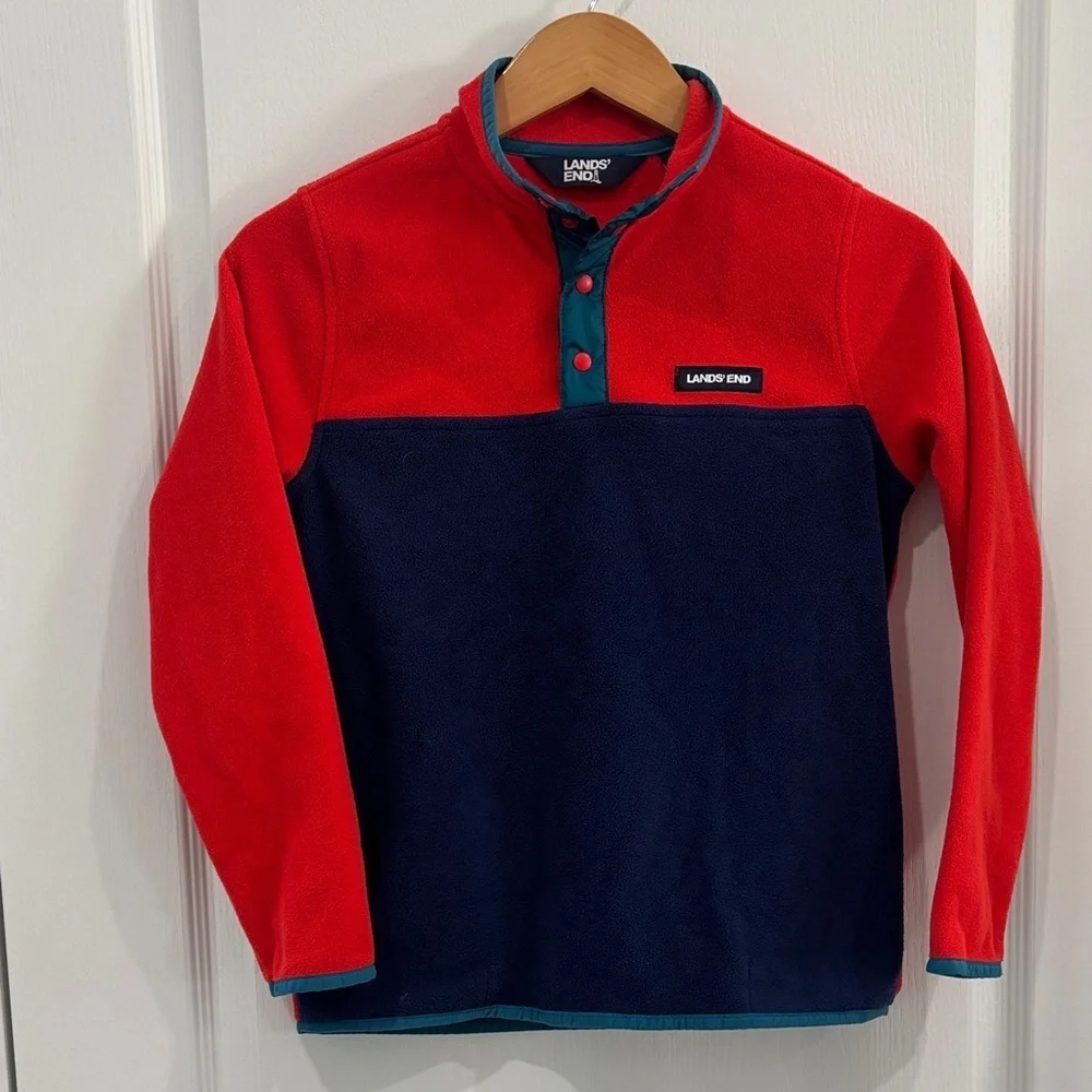 Lands' End Red and Navy Fleece Top 1/4 snap boys size large 10-12